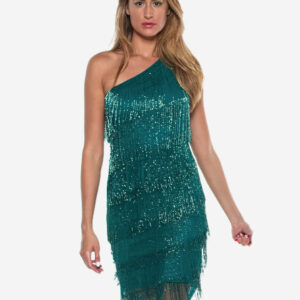 Emerald Rhythm One-Shoulder Fringe Dress
